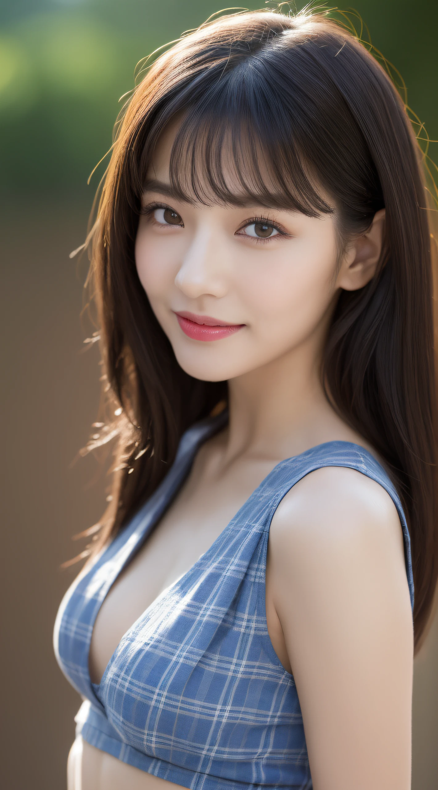 high detal，8K分辨率，超高分辨率，Best image quality，a beauty girl，lipsticks，Love pupils，Peerless beauty，Messy black straight hair，shoulder-length short hair，（Coiled hair）Smooth hair，Intense and beautiful makeup，Exquisite and perfect facial features，the most beautiful big eyes，Be red in the face，Sweet smile，（Wearing a blue lace shirt with buttons，tiese ，Plaid pleated skirt）Open navel，Thin waist，（Full breasts）Get close to the viewer，dynamic angle，Extreme picture quality，Highest accuracy, CG unity (extreme) detail 8k wallpaper, masterpiece, best quality:1.2), 8k, a stunning landscape, surreal, realistic, 1 young girl, beautiful, sexy, body stunning figure, perfect body beauty, full body, stylish, camera angle, long hair, slim waist, very detailed facial and skin structure, glittery eyes, soulful eyes, pretty eyes, Double eyelids, Fair skin, harmonious facial details, fair skin, charming smile