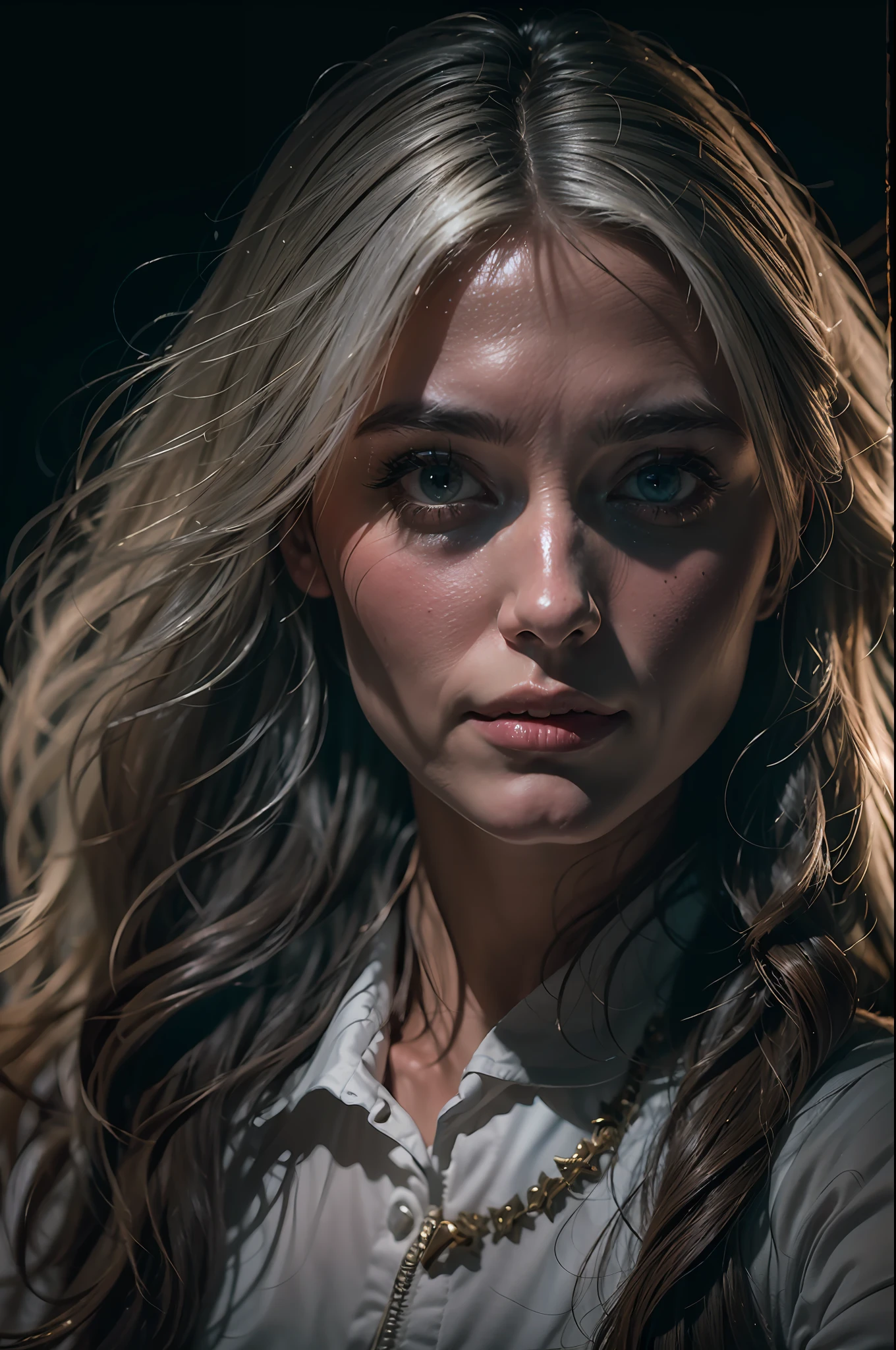 (front focus), (in the dark:1.6), Hyperrealist portrait of female by david hockney and alphonse mucha, fantasy art, photo realistic, dynamic lighting, artstation, poster, volumetric lighting, very detailed faces, 4 k, award winning, 1girl, in the dark, deep shadow, low key, cowboy shot, (official clothing:1.4), long hair, white hair