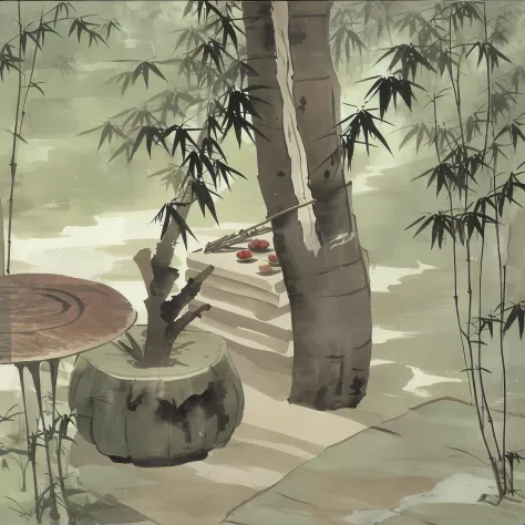 In a secluded bamboo forest，In the middle is a stone table，On the stone table is a bamboo flute，NOhumans