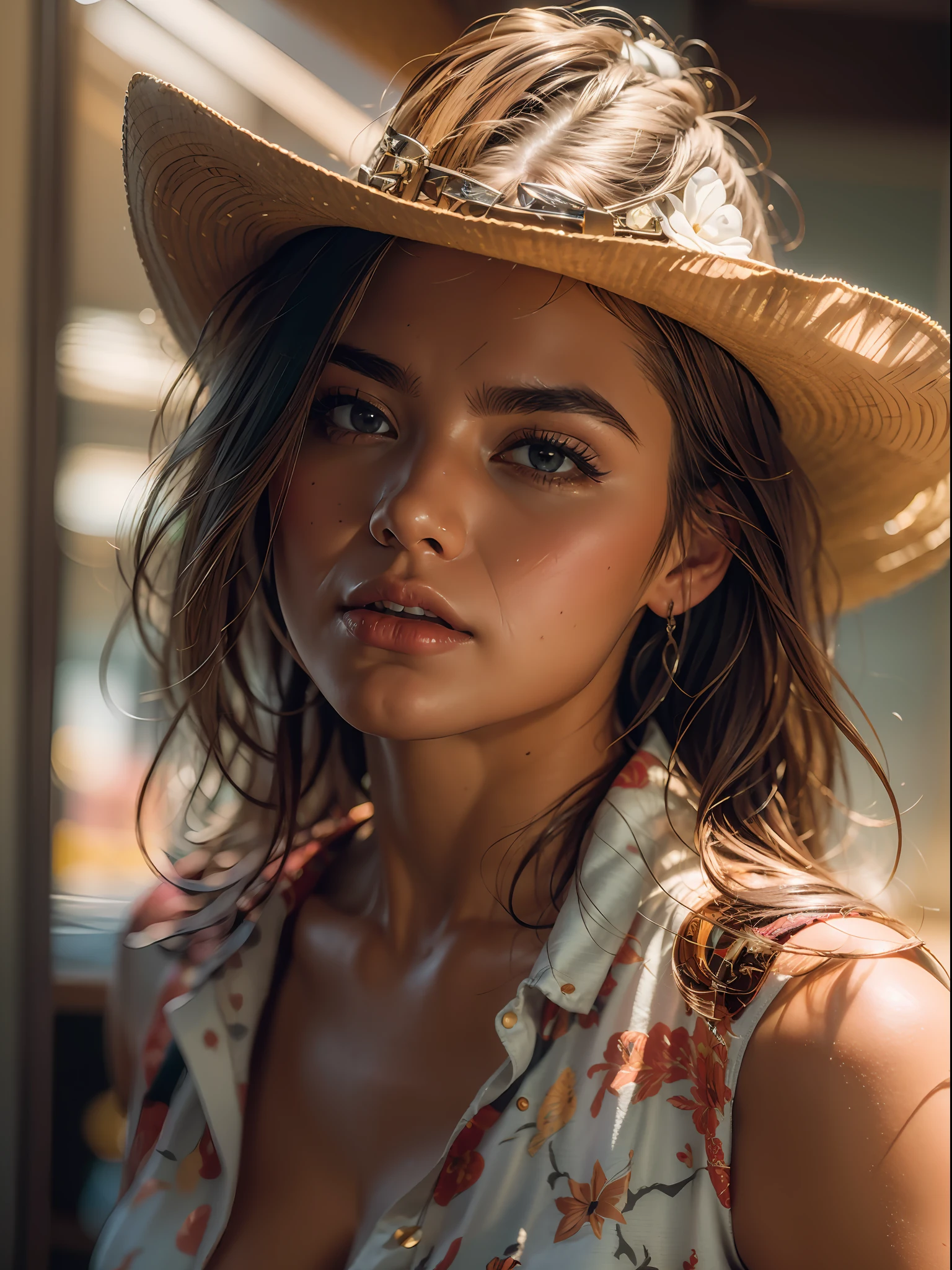 (RAW photo, 4k, masterpiece, high res, extremely intricate) (photorealistic:1.4), cinematic lighting 1girl, solo focus, summer noon, hot, 1990s \(style\),cowboy shot,indoors