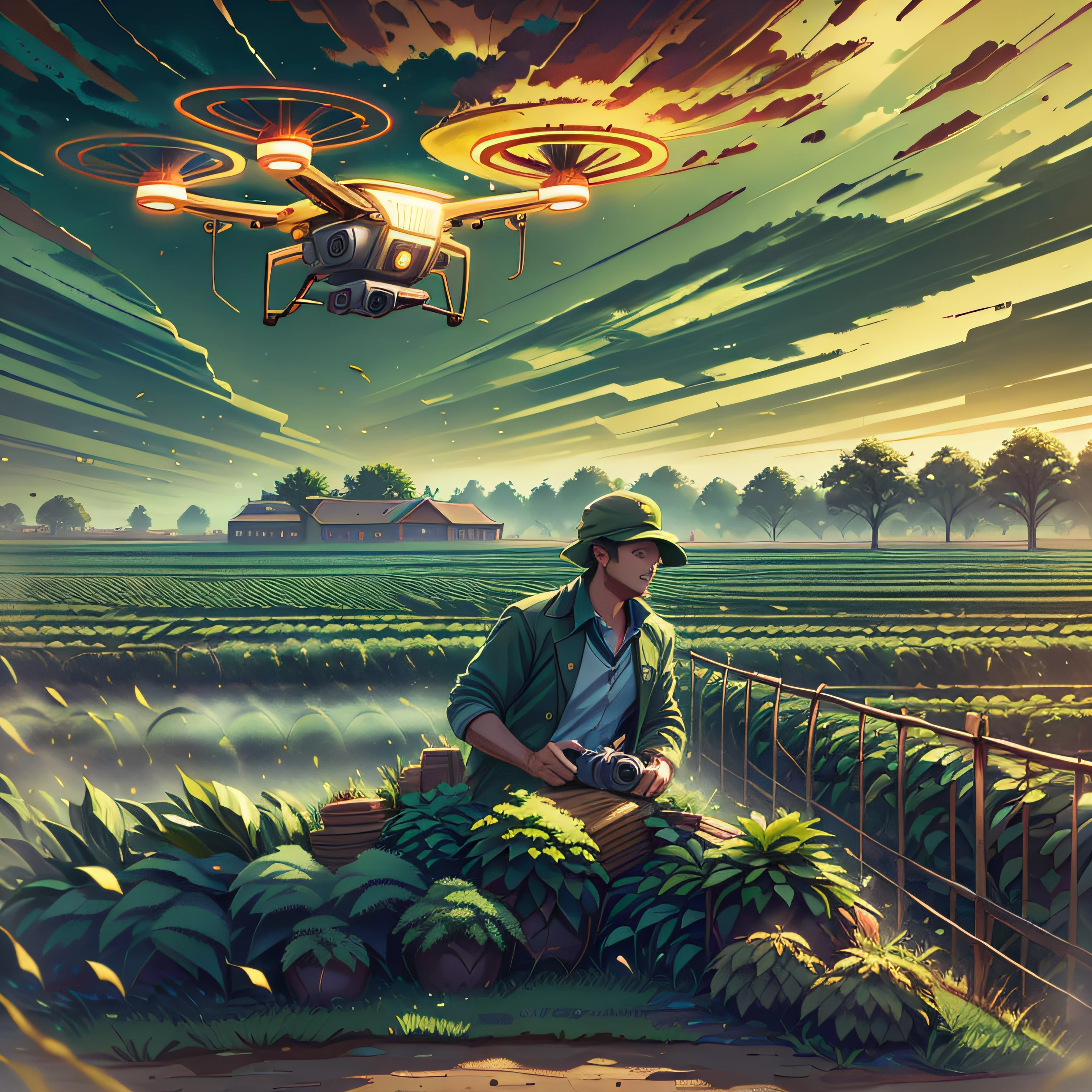 Imagine a scene of a modern farm in full activity, illuminated by the setting sun. In the center of the image, a rugged, experienced farmer, dressed in work clothes, looks up, watching a high-tech drone hovering in the sky. The drone, shining in the sunlight, is equipped with cameras and sensors, representing the fusion of agriculture and technology. The surrounding farm is green and fertile, with rows of plantations stretching to the horizon. Use a high-resolution DSLR camera, such as the Canon EOS 5D Mark IV, with a 50mm lens to capture this scene in vivid detail. The lighting should be natural, with the setting sun providing a golden glow to the scene. The colors should be rich and saturated, with vibrant greens of the plantations and the sky clear blue. The composition should be balanced, with the farmer and the drone in the center, and the vast farm stretching around them. --Air 16:9 --V 5.1 --Style Raw --Q 2 --s 750