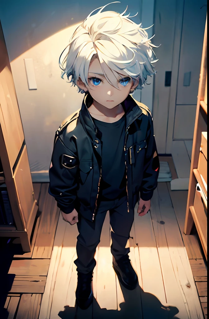 (absurdres, highres, ultra detailed, HDR), masterpiece, best quality, a boy, 10 yo, solo, handsome, short hair,spiky hair, white hair, blue eye, finely eye and detailed face, real shadow, job is programmer , full body, home style muji, mood alone