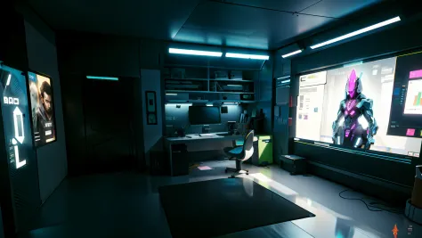 v'home, computer desk, neon lights, neon trim, hologram, (hiquality, beste-qualit, hight resolution), (ultimate phtoreal concept...