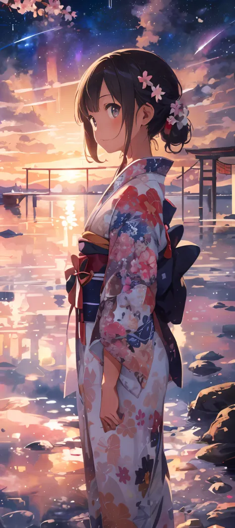 1girl, a distant girl kiss girl in a kimono gazing at the stars, (zoomed: 1.1), (meteor shower: 1.2), (comet: 1.1), your name, low angle, from behind, Northern Lights, meteors, yukata, red kimono, cherry blossoms, standing in the field, best quality, maste...