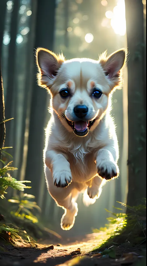 close up photo of a very cute jumping puppy in the forest, soft volumetric lights, (backlit:1.3), (cinematic:1.2), intricate details, (ArtStation:1.3), Rutkowski