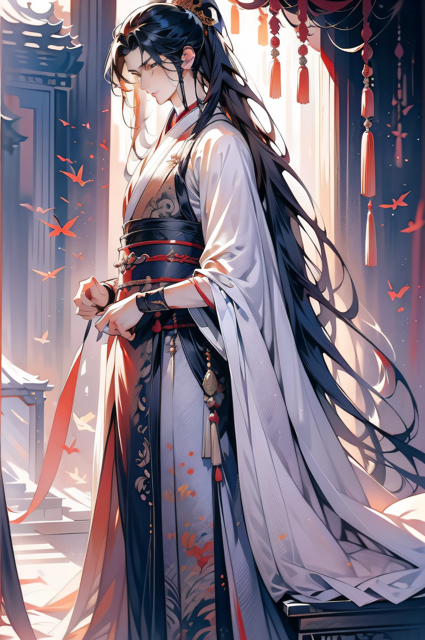 China-style，ink and watercolor painting，Hanfu，1boys ，standing on your feet，The clothes are black and white，long whitr hair，Handsome，swordsmen，the detail，closeup of face，k hd，ultraclear，color fill-in，color full，The clothes have no pattern