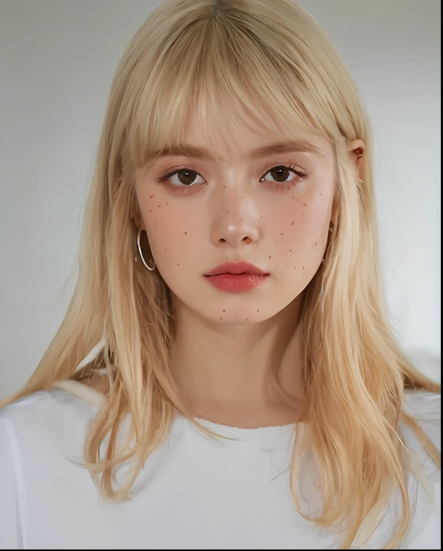 Blonde girl with freckles and piercings looking at the camera, pale round face, light freckles, white fringe, white freckles, one with blonde hair, rosy cheeks with freckles, white fringe, neat hair with bangs, light cute freckles, soft freckles, very light freckles, looks like a mix of grimes, She looks like a mix of Grimes, Elle Fanning)