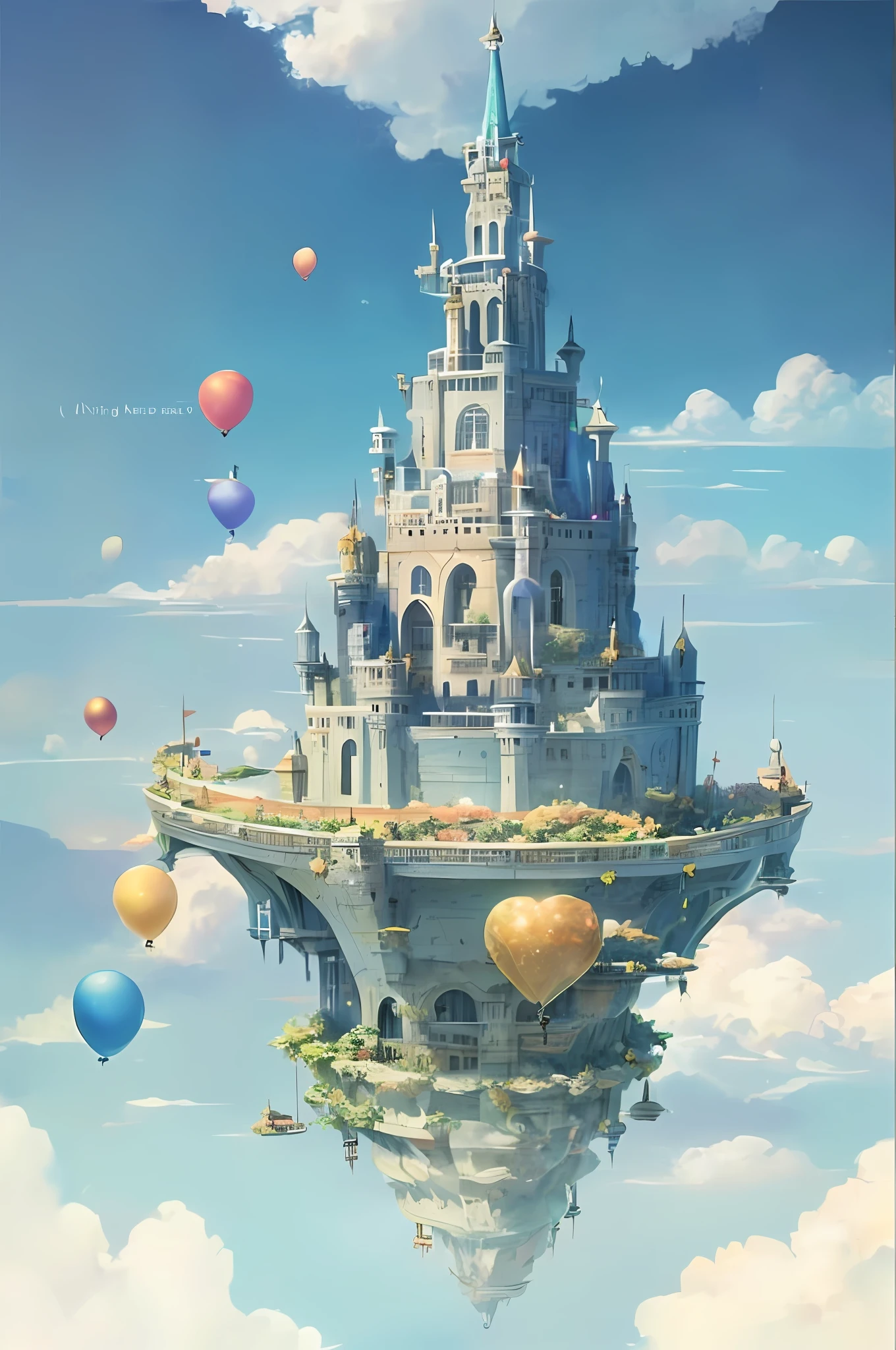 Schloss im Himmel，Darauf fliegen Luftballons, fliegendes Wolkenschloss, ein  riesiges schwimmendes Schloss, magische Fantasy 2D-Konzeptkunst,  Wolkenpalast - SeaArt AI