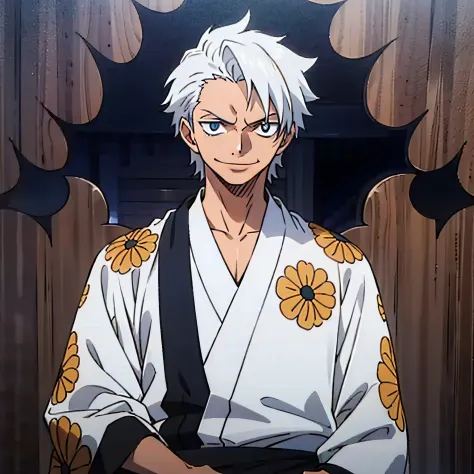 A confident young man with silver hair wearing a yukata, sporting an arrogant smile, against a backdrop of cool and artistic ele...