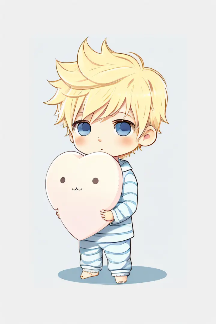 1boy,chibi,  Fisheyes, low quality,yellow hair, spiky hair, light blue eye, best quality, official art, white background , simple background, pastel color, vector style, no gradient, detailed face, handbook, 2d, wearing pajamas, upper boy, hug pillow