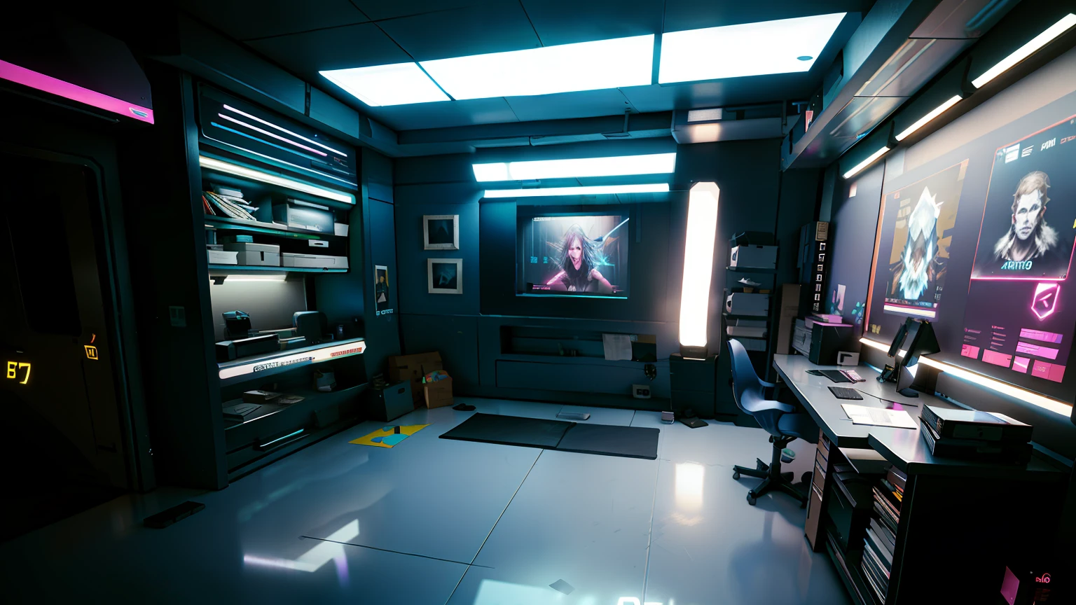 v'home, computer desk, neon lights, neon trim, hologram, (hiquality, beste-Qualit, hight resolution), (Ultimate Phtoreal Concept Art), White walls, beautiful design, On the recording table, tablet and flash drive, Lens above the table, View from the table