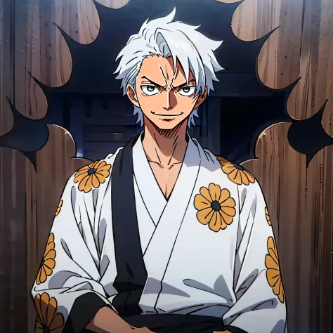 A confident young man with silver hair wearing a yukata, sporting an arrogant smile, against a backdrop of cool and artistic ele...