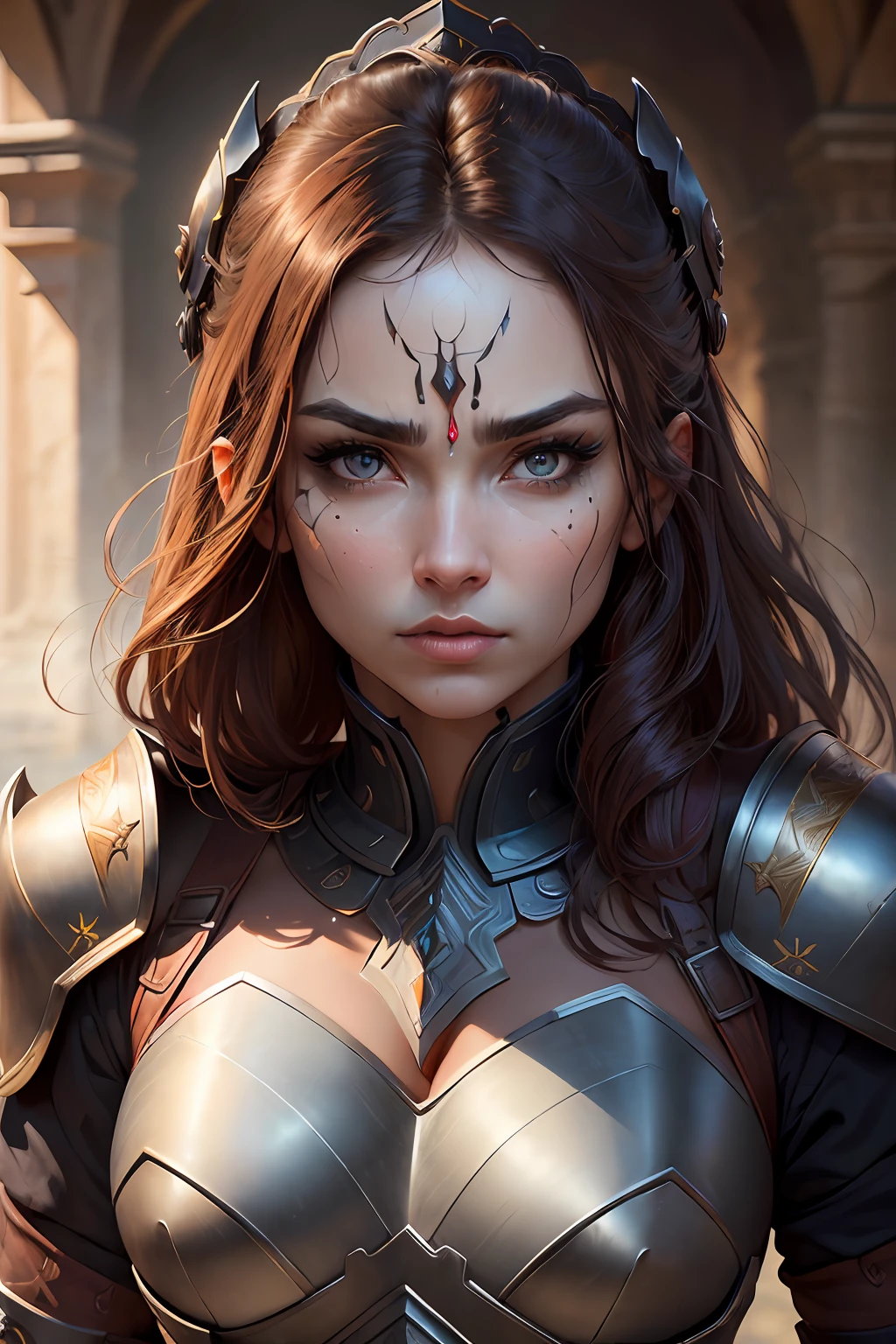 ((best quality)), ((masterpiece)), (detailed), beautiful face, female warrior, (defiance512:1.2), big eyes, heavy black iron armor, detailed helmet, intense gaze, battle-ready, contrasting soft skin, (lighting:1.2), close-up portrait, 4:3 aspect ratio