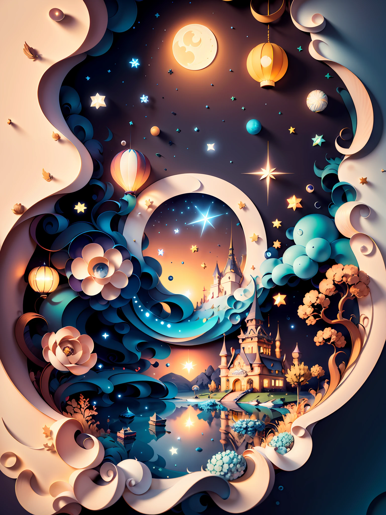 (((masterpiece))),best quality, illustration,  sky, cloud, star \(symbol\), no humans, night, moon, star \(sky\), night sky, scenery, starry sky, flying castle, fantasy. vibrant color scheme, Soft light,(warm color:1.2),Water color painting, light background, best quality exquisite details,3d rendering,Octane render, pastel, paper_cut