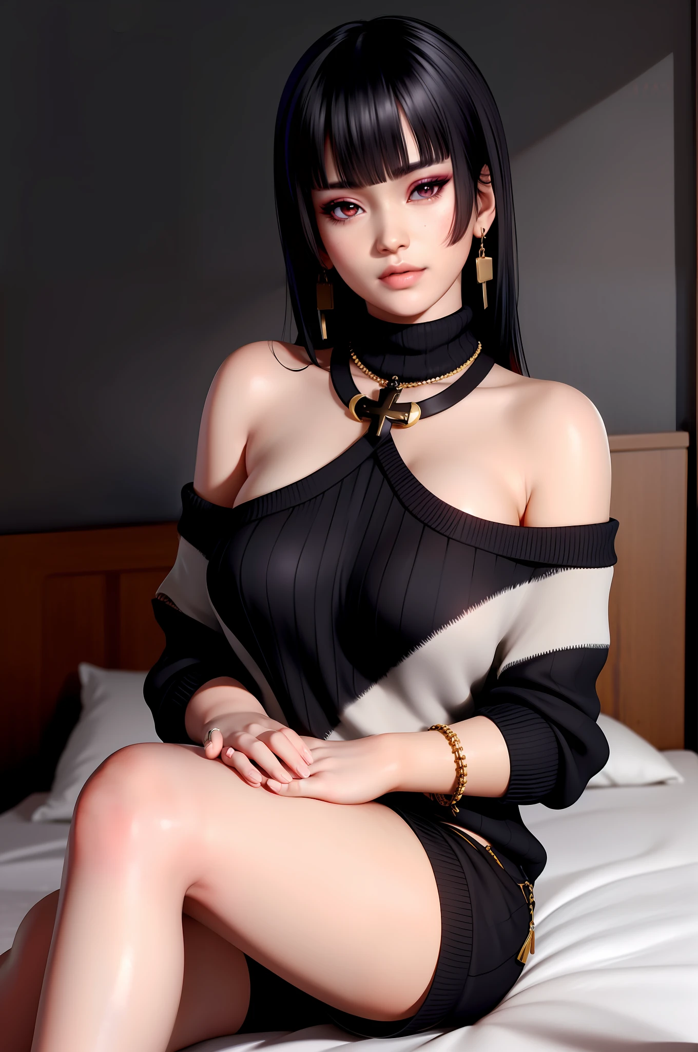 nyotengu, blunt bangs, black hair, long hair woman, (off-shoulder sweater, oversized sweater), (hiden short pants), (cross-legged sitting, hands lying on thighs), on bed, best quality, masterpiece, earrings, necklace,