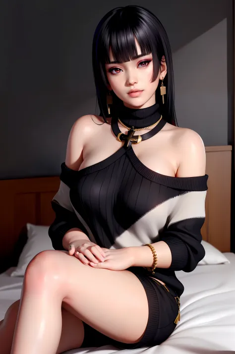 nyotengu, blunt bangs, black hair, long hair woman, (off-shoulder sweater, oversized sweater), (hiden short pants), (cross-legge...