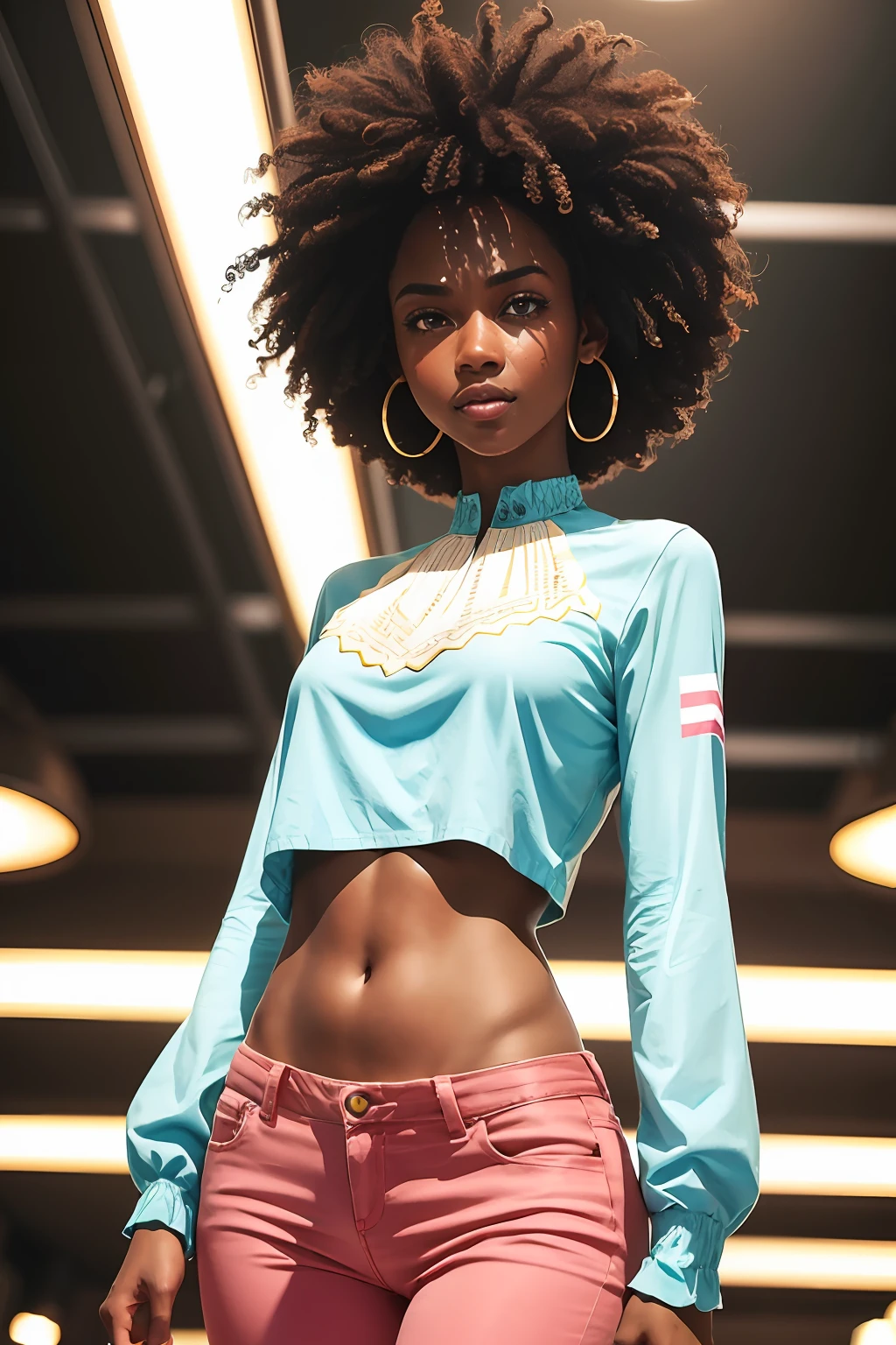 1 young female ,  smile, dark skin tone, afro hair,  a pair of sparkly bell-bottoms, a white blouse, and a funky pink cowboy hat , yellow and cyan tone, 1970s,   huge ear ring, Bell-bottoms, flares,   disco
 (35mmstyle:1.1), front, masterpiece, , cinematic lighting, (photorealistic:1.3), high frequency details, 35mm film, (film grain), film noise, kodak proimage 100, depth of field , bokeh,analog style, realistic, award-winning photo,(symmetric highly detailed eyes, fantastic eyes, intricate eyes:1.1), detailed background, full body, wide angle, beautiful 20 year old girl,  African American, dark skin, skinny, ribbon braid,  flat chest, tiktok, instagram, hyper-realistic photo, armored space girl cyberpunk