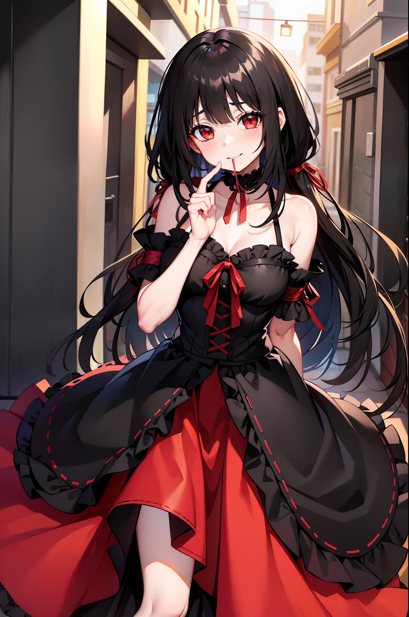 {1girl}, {tokisaki_kurumi}, {solo}, {black_hair}, {long_hair}, {smile}, {finger_to_mouth}, {ribbon}, {red_eyes}, {heterochromia}, red_ribbon, looking_at_viewer, dress