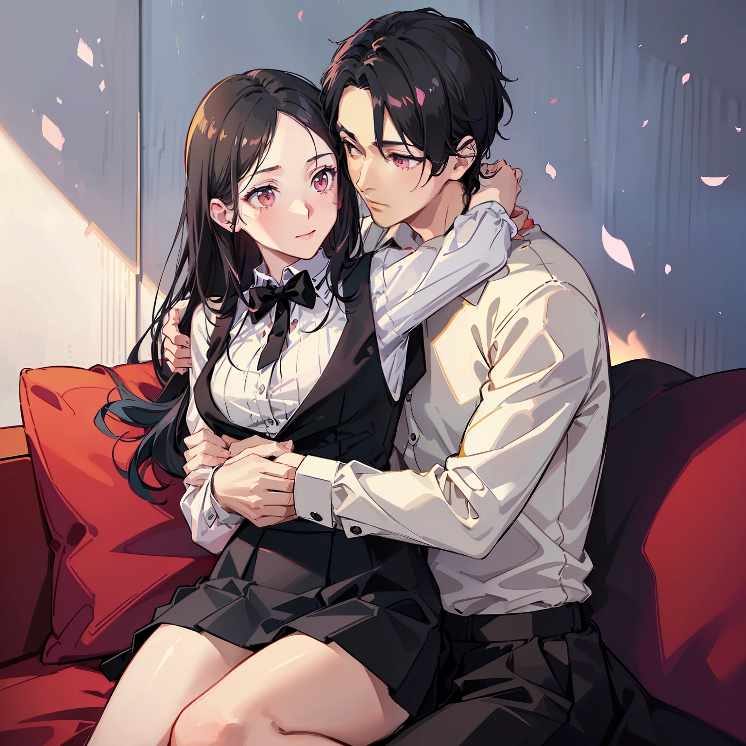 A couple in the sofa hug each other (1 woman: long black hair, no bangs, pink eyes, pink cheeks, makeup, wear a white shirt, black vest and black skirt, sit in a man’s laps),(1 man: short black hair, forehead hair, yellow eyes, handsome, wear black suit, wrap his arms around a woman’s waist)