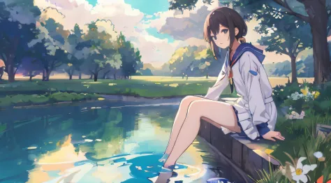 anime girl sitting on the wall next to the pond，there are flowers, wallpaper anime blue water, anime girl walking on water, sitt...