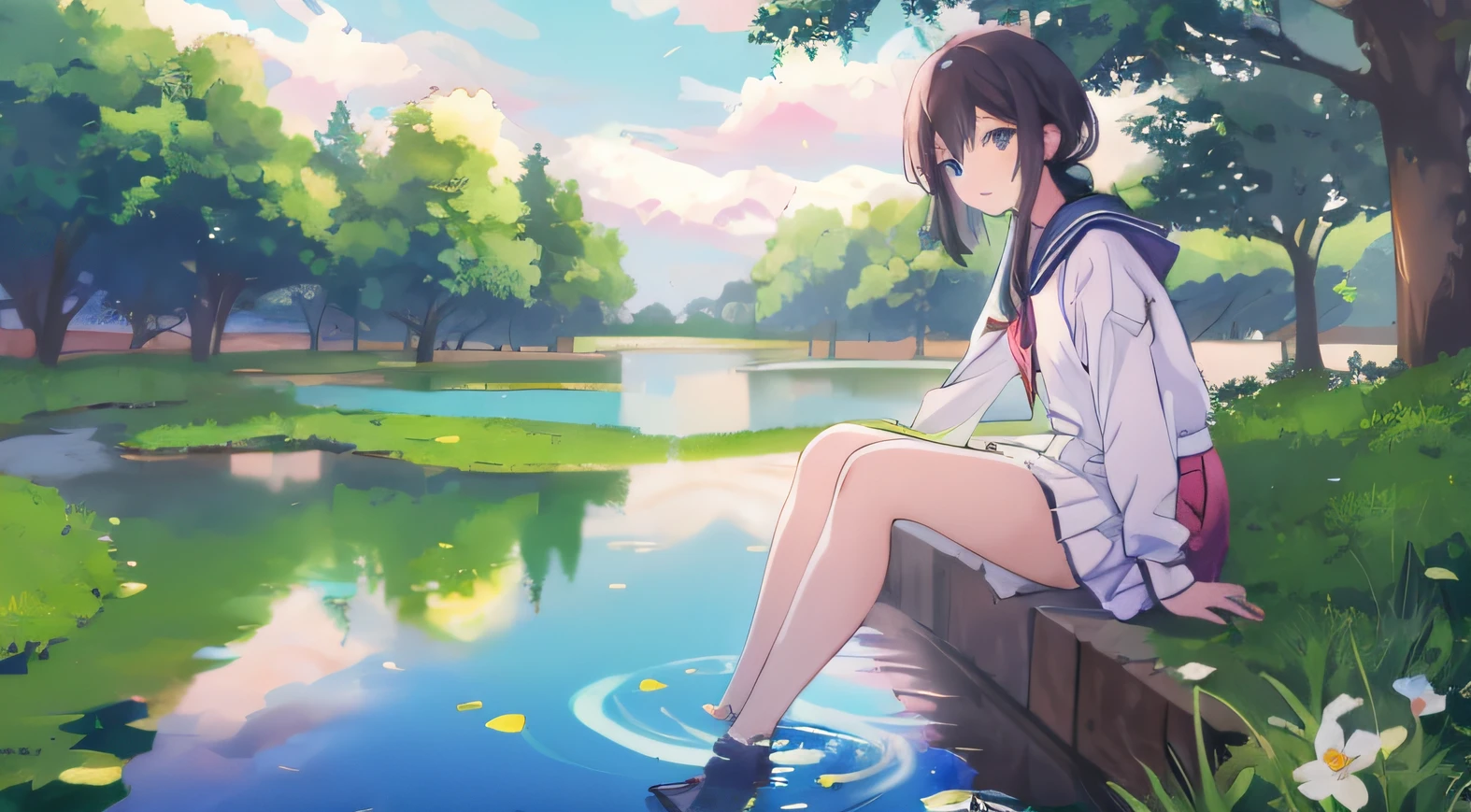 Anime girl sitting on the wall next to the pond，There are flowers, wallpaper anime blue water, Anime girl walking on water, sitting at a pond, style of anime4 K, 4K anime wallpaper, Anime art wallpaper 8 K, Smooth anime CG art, sittinng on the river, Anime art wallpaper 4k, ultra hd anime wallpaper, Anime art wallpaper 4 K