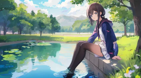 anime girl sitting on the wall next to the pond，there are flowers, wallpaper anime blue water, anime girl walking on water, sitt...