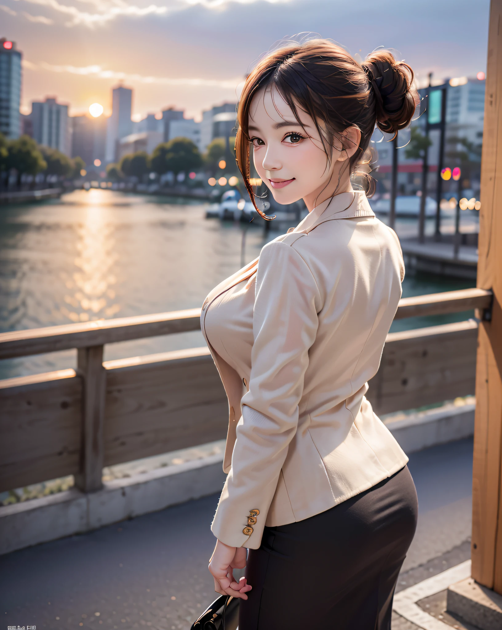 (realistic, photo-realistic:1.37), (masterpiece), (best quality:1.4), (ultra high res:1.2),(RAW photo:1.2), (sharp focus:1.3), (face focus:1.2), elegant, (full body:1.2), (1 girl wearing detailed pencil-skirt and suit-jacket:1.3), (office lady), professionattire, high heels, (33yo:1.1), (happy smile:1.3), (shine hair:1.3), [bun-head hair style], BREAK,
(huge breast), scenery, (Beautiful Sunset background:1.2), from behind, backshot, bangs, beautiful detailed eyes, looking at viewer, (cute), (no makeup), clean face,