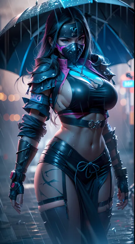 ((ultra resolution image)), ((HDR PLUS)), ((ultra realistic modeling)), high resolution, ((8k)), Tall Female, 37 years old, wet pink lips, medium breasts, medium hips , thick thighs , base ( Mortal Kombat kitana ), cyberpunk clothes, blue neon mask , raini...