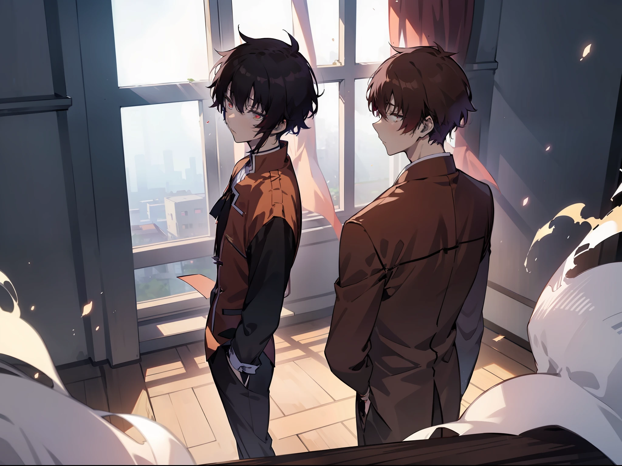 Two anime men,（Ayanokoji Kiyotaka from "Classroom of the Elite" Sung Jinwoo from "Solo Leveling"）Standing, side by side and looking at the camera，The expression is serious.