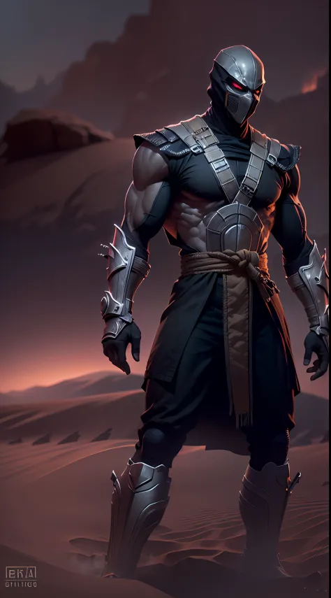 (( ultra-resolution image )), (( HDR PLUS )) , (( ultra-realistic modeling )), high-resolution , ((8k )), Tall male, 37 years old , athletic body , build ( Noob Saibot Mortal Kombat ) , cyberpunk clothes , desert , silver neon mask ,