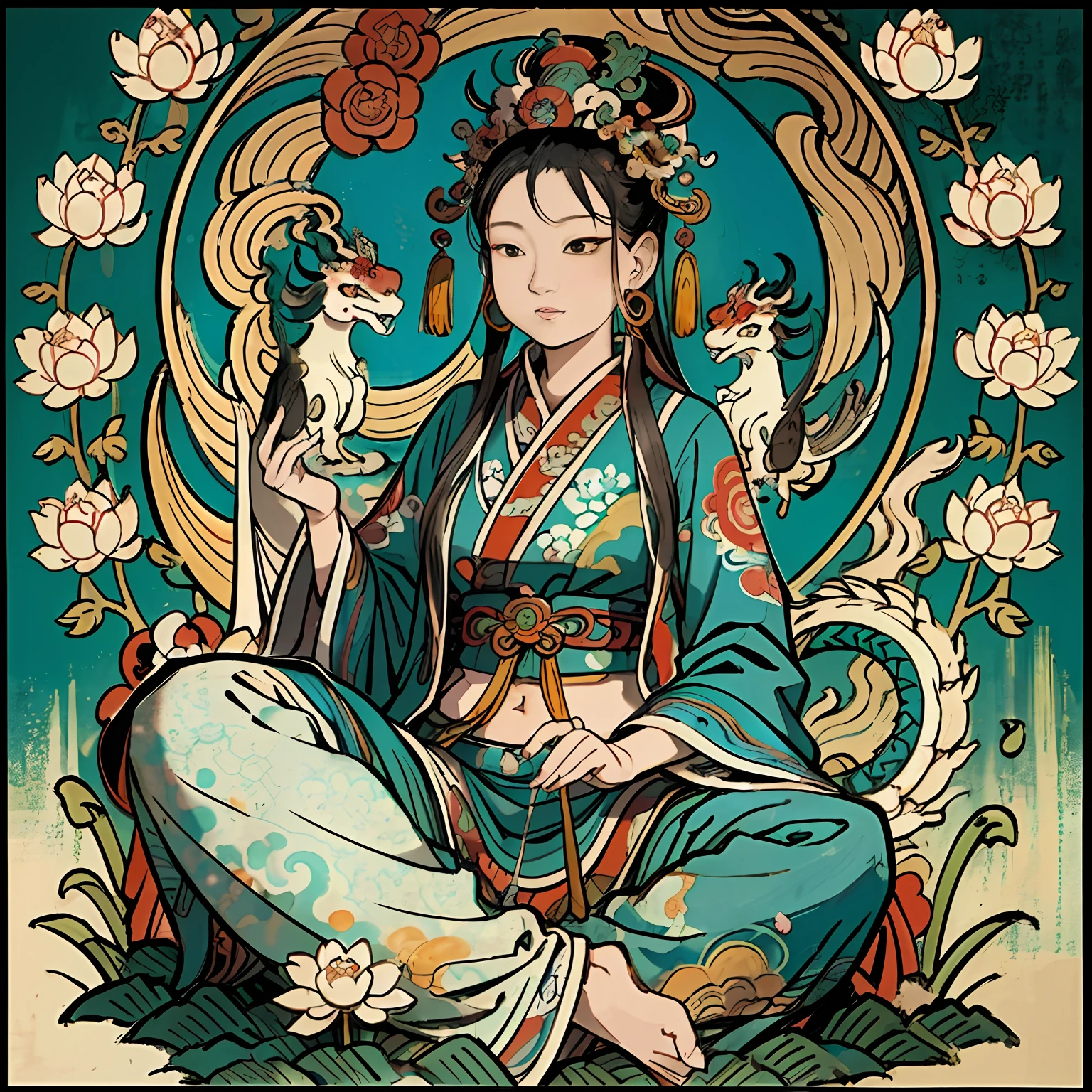 an ancient Chinese goddess, guanyin of the southern seas, Guanyin, Inspired by India, Avalokiteshvara rides a dragon,Serene expression,shui mo hua,Buddha,Buddhist,Lotus,Chinese painting style,Thangka style