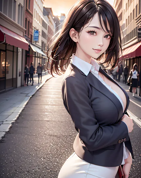(scretary:1.5, midtown street background:1.5, standing on turn-table:1.5), photo realistic, anime style, (8k, RAW photo, best qu...