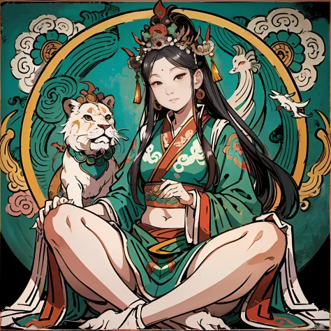 an ancient Chinese goddess, guanyin of the southern seas, Guanyin, Inspired by India, Avalokiteshvara rides a lion，,Serene expre...