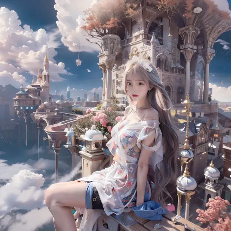 Sky clouds cover the girl's legs