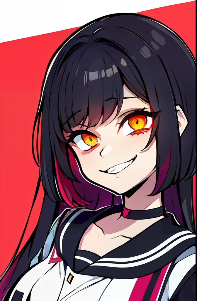  anime com olhos vermelhos e um uniforme preto, Retrato gapmoe yandere sombrio, [[[[sorrindo malvado]]]], gapmoe yandere sombrio, Gapmoe Yander, ((vermelho)) olhos baggy, atraente matoi ryuko, com olhos vermelhos brilhantes, com olhos vermelhos brilhantes, sorriso maligno e olhos brilhantes e [[realistas]] sombras realistas