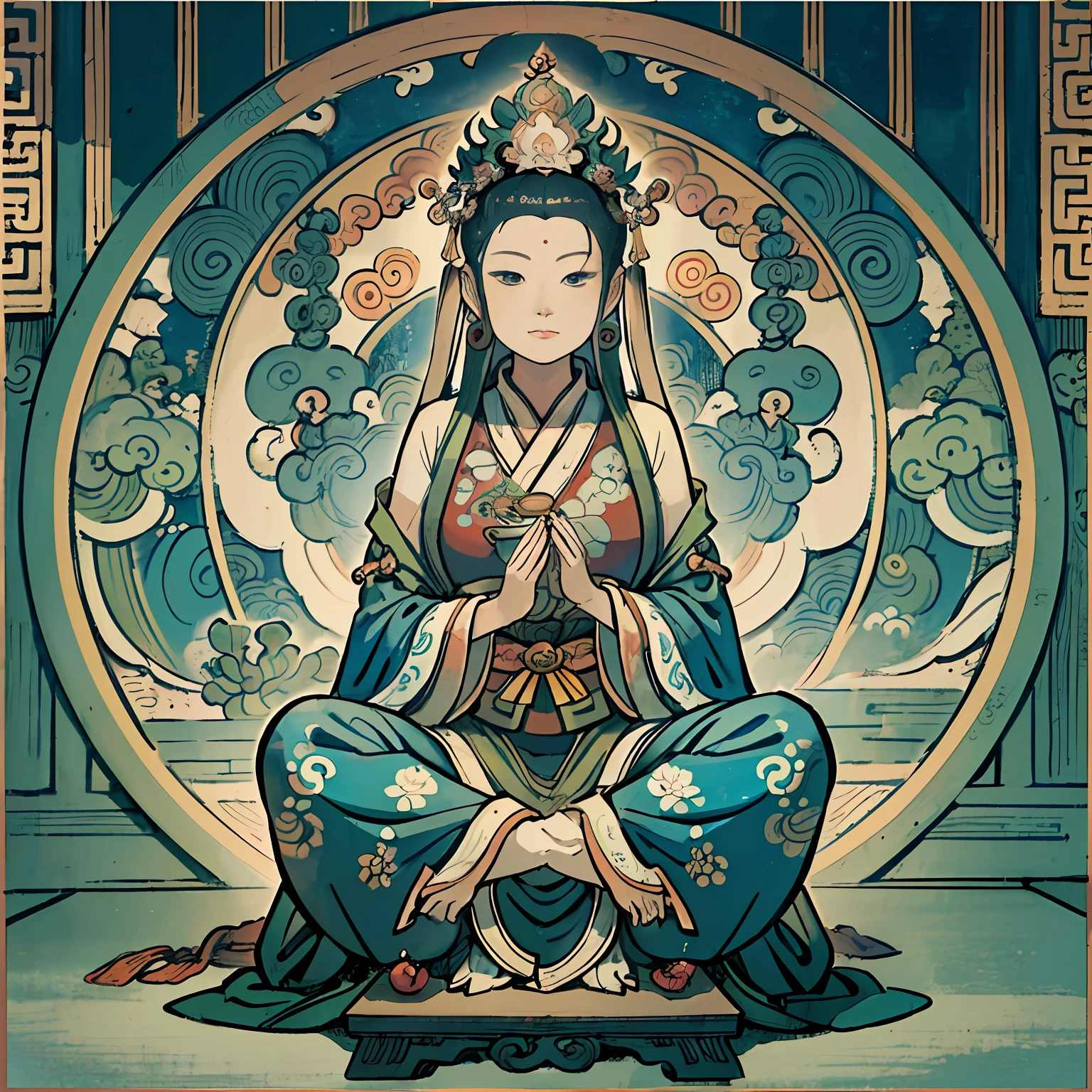 Woman sitting on a lotus,guanyin of the southern seas,Guanyin,contented female bodhisattva,jade sculpture,bodhisattva,queen of the sea mu yanling,serene,Serene expression,shui mo hua,Buddha,Buddhist,Lotus,Chinese painting style,Thangka style