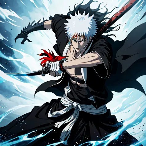 (masterpiece, best quality:1.2),1boy,solo, Ichigo kurosaki,holding a black katana,badass pose,bleach, powerful aura,red aura,8k,...