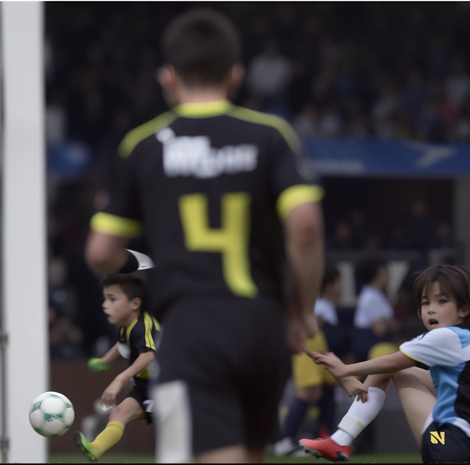 There are two young boys playing soccer in a stadium - SeaArt AI