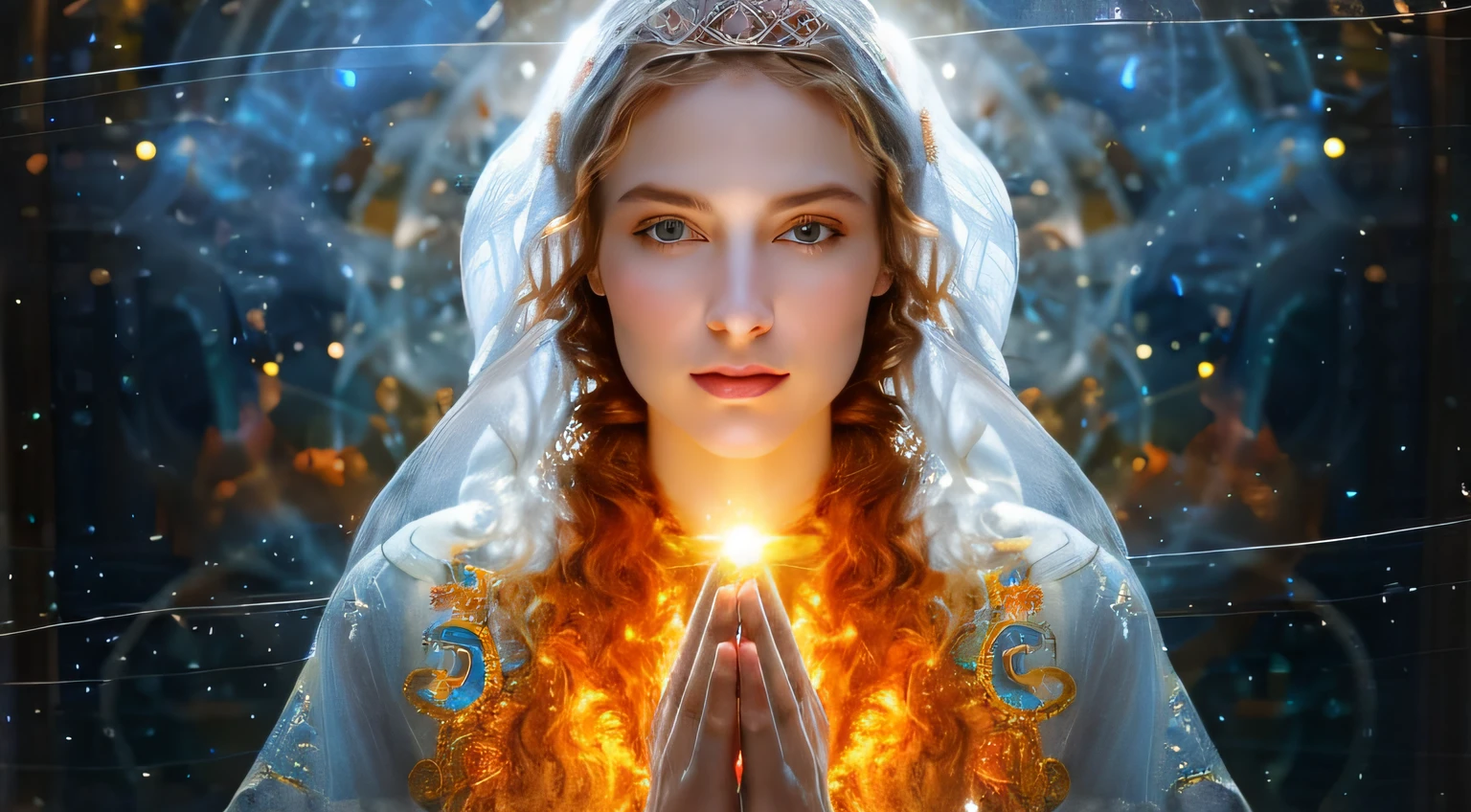 a woman with a veil and veil holding a bright light, goddess of light, emanating magic from her palms, visible holy aura, glowing holy aura, portrait of queen of light, goddess. extreme hight detail, queen of heaven, tiro extremamente detalhado da goddess, holy flame spell, Um retrato impressionante de uma goddess, Retrato da goddess 3D, divine cosmic female power