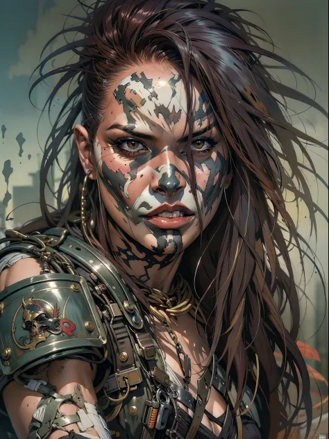 a post-apocalyptic warrior, uma mulher de 35 anos quase nua no estilo simon bisley para a capa da revista heavy metal, cabelo me...