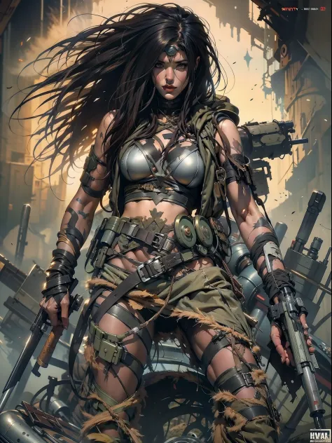 a post-apocalyptic warrior, uma mulher de 35 anos quase nua no estilo simon bisley para a capa da revista heavy metal, cabelo me...