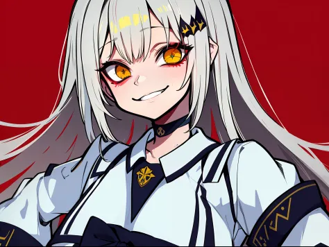 Menina anime com um chapeu militar branco com detalhes em preto com olhos vermelhos e um uniforme preto, Retrato Gapmoe Yandere ...