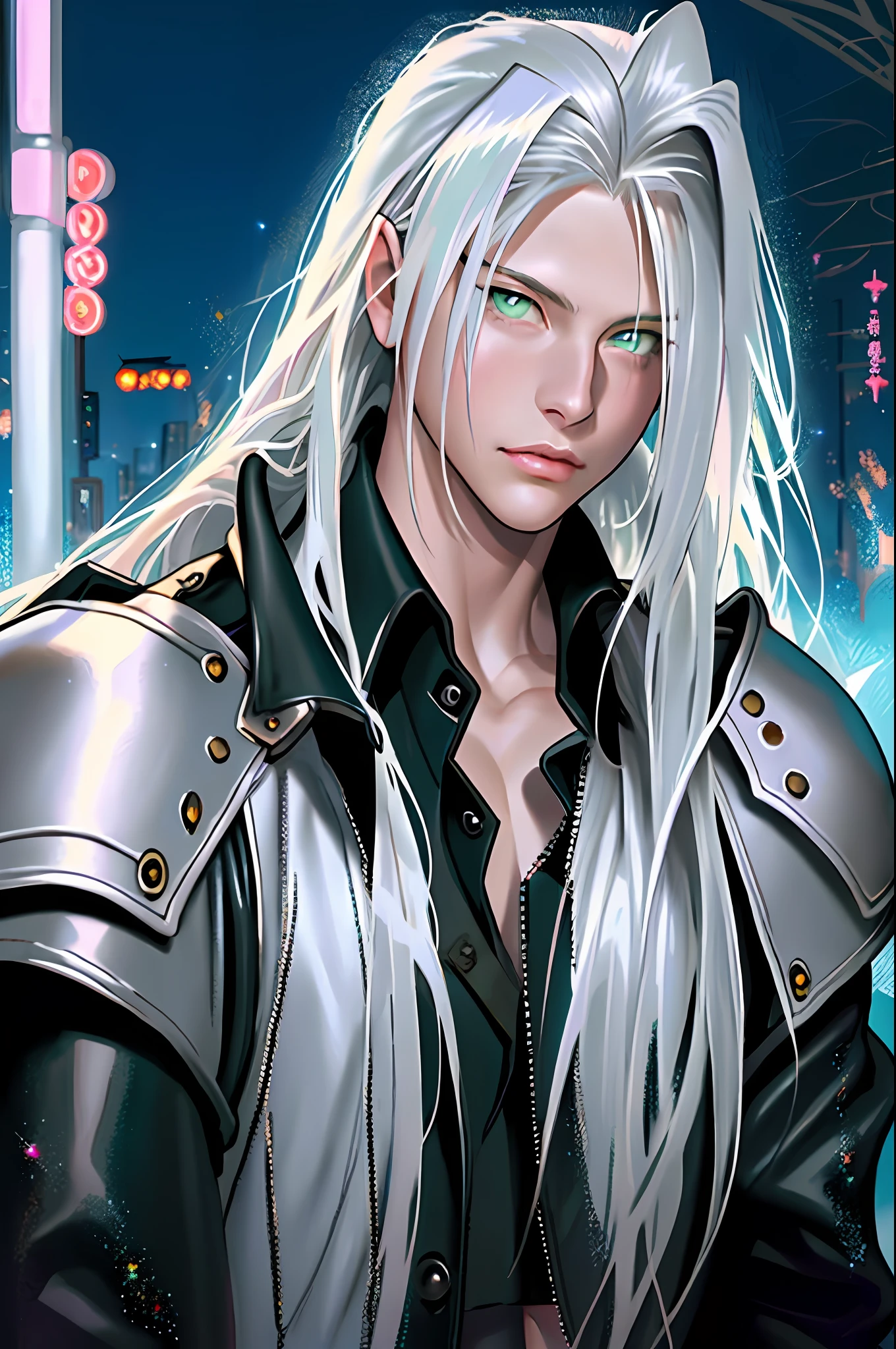 masterpiece, highest quality, (perfect face:1.1), (high detail:1.1), (((sephiroth))), (final fantasy), angel with voluminous white hair, soft hair, neon green eyes, solo ,1guy, young boy, 12 years old, long hair, black elegant suit, shoulder-length hair, Rose Garden detailed background, realistic, covered navel, pouty lips, curvy guy, perfectly drawn face, cynical stare, cinematic lighting, balenciaga, glitter