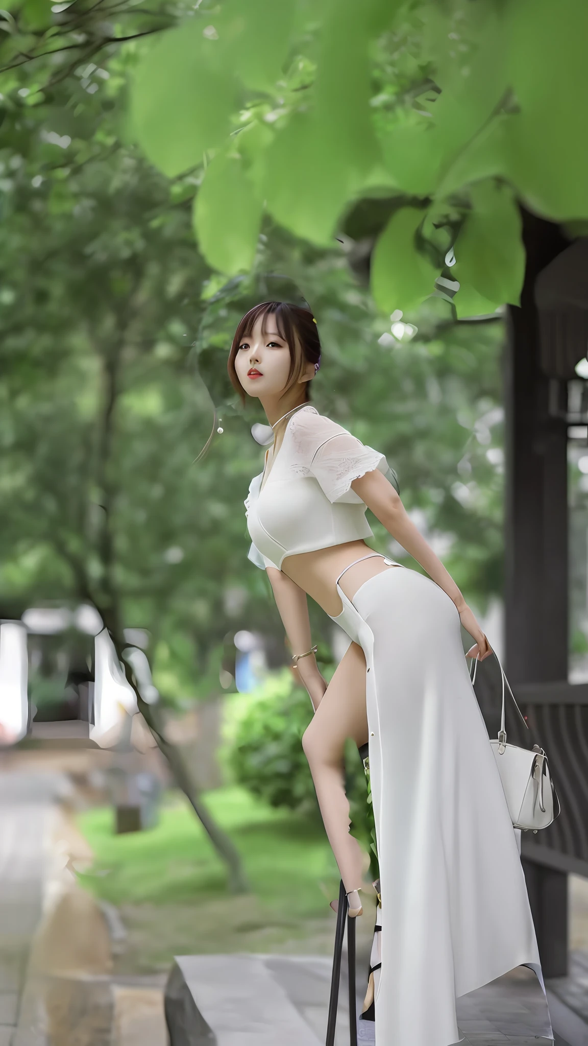 Araffe asian woman in white dress posing on a bench - SeaArt AI