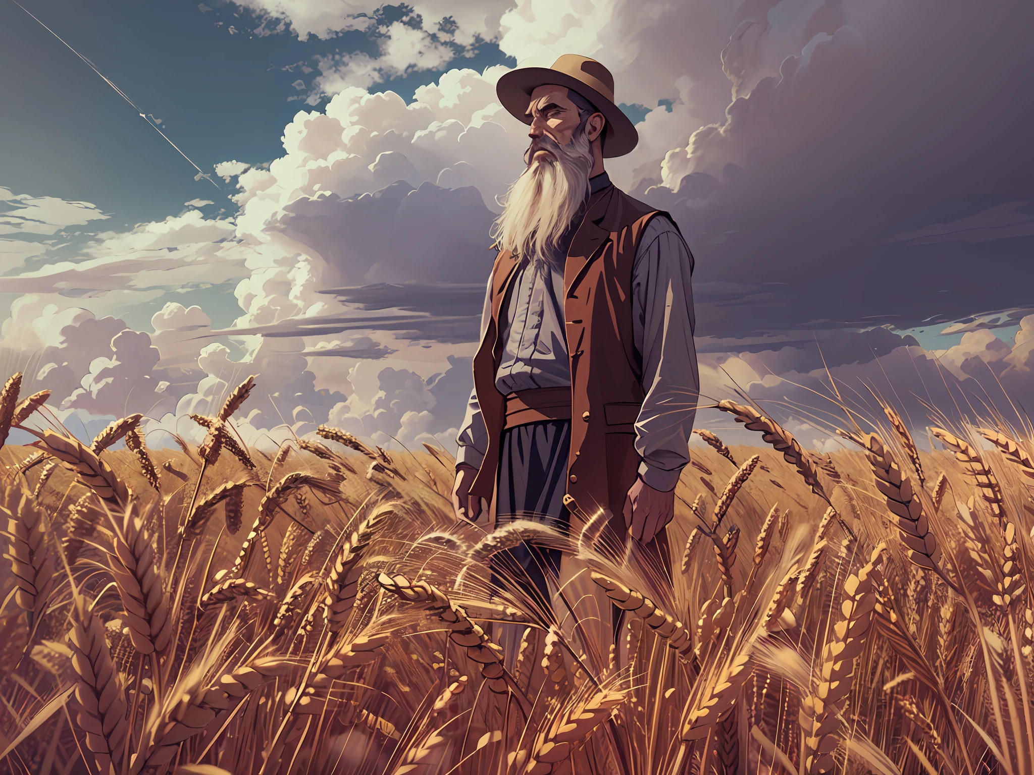 Wheat field, russian peasant witl long beard, standing in a wheat field, Russia, Leo Tolstoy, big clouds, blue sky, rice field, neat rice seedlings in the field, forest, hillside, secluded, rural, HD detail, hyper-detail, cinematic, surrealism, soft light, deep field focus bokeh, ray tracing and surrealism. --v6