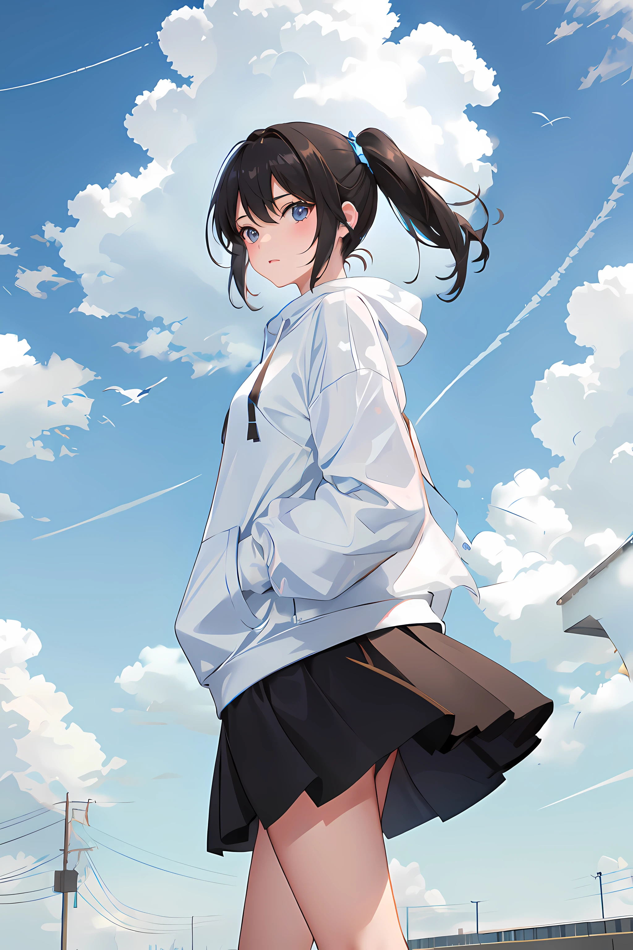 "Photo shoot with 1 girl in a white hoodie and short black skirt walking with a strong gust of wind making her hair Fly View of the blue sky and modern housing"