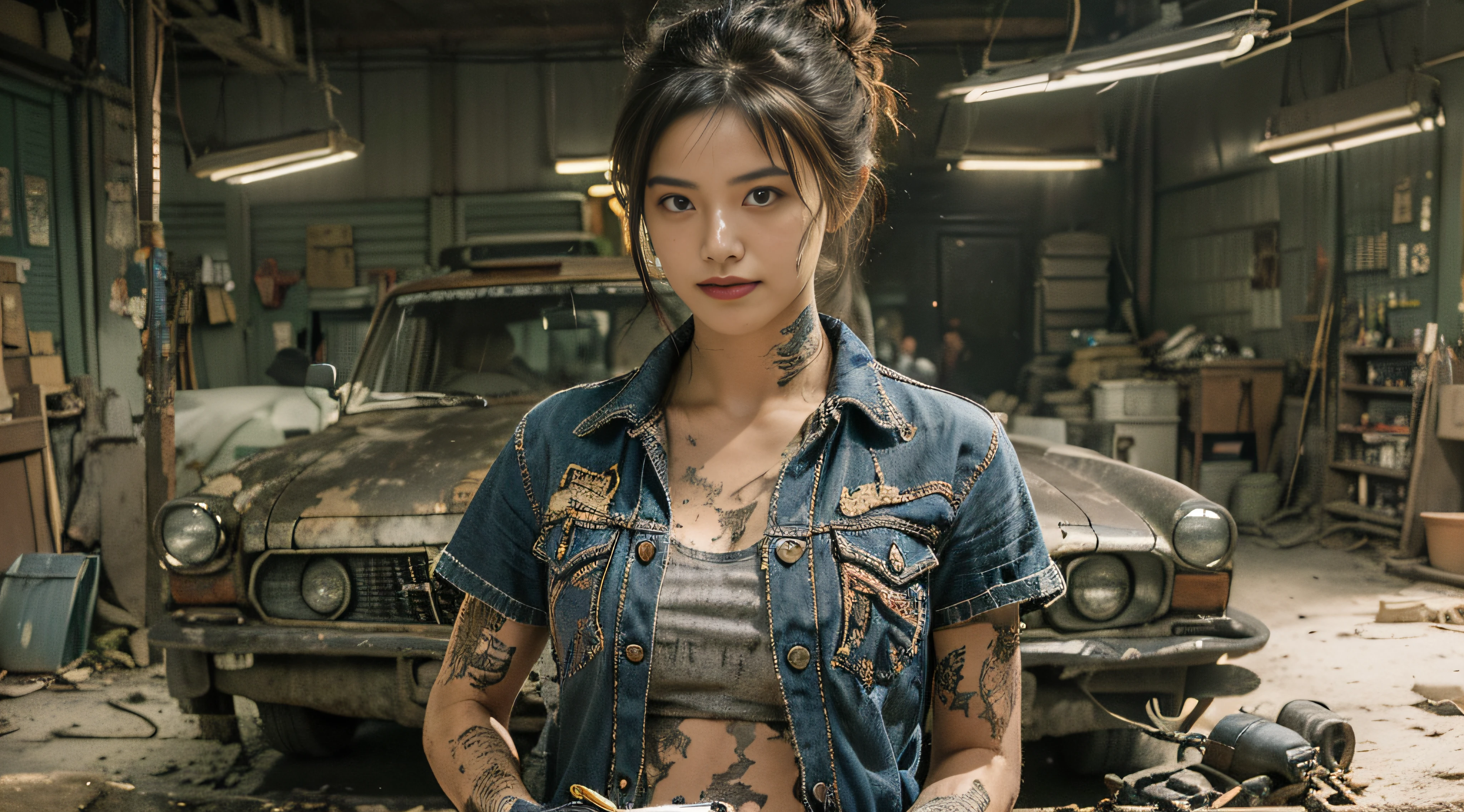 ((best quality)), ((masterpiece)), (detailed), mesmerizing and alluring female mechanic covered in grease,Confident smile，Look into the camera，(Dirty and rugged charm:1.2), (tough and confident demeanor:1.1), (mechanical expertise:1.3), disheveled hair, smudged face with a playful smirk, stained overalls clinging to her curves, (gritty tools of the trade:1.2), cluttered repair shop, scattered car parts, (authentic automotive ambiance:1.2), (intense gaze:1.1), gripping a wrench in her dirty hands, 8k resolution,looking at another, looking away,( tattoo:1.2), masterpiece, best quality,Photorealistic, ultra-high resolution, photographic light