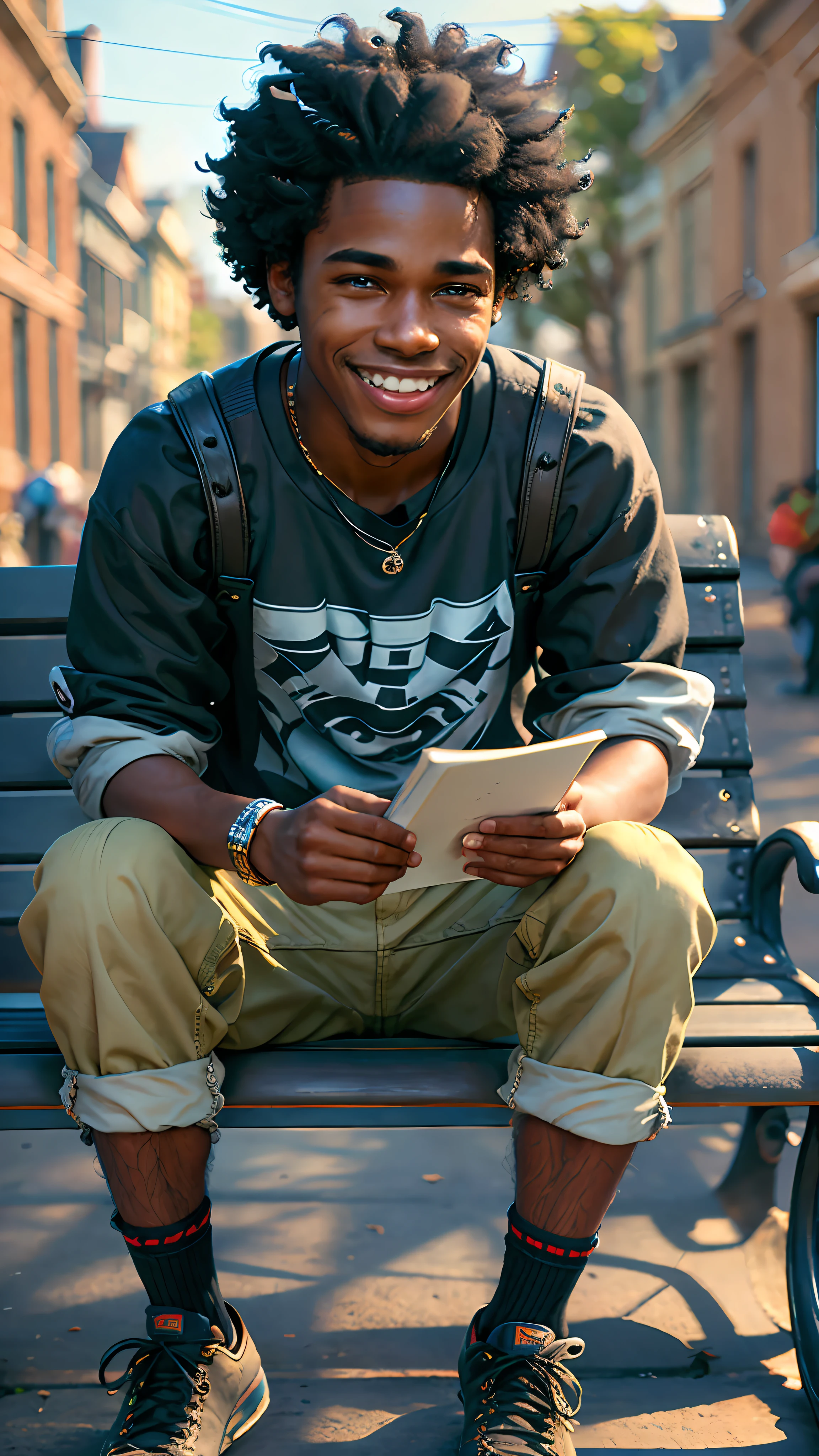 3D cartoon character, (funny),(((Sitting on a bench))), holding a small book, on a city street, black boy, (detailed facial features), black shirt, jeans and black shoes, ( ((solo))), movie artwork, clean shot, like a pixar character, handsome young man, afro hair, grace and blessing, (((cute smile))), movie promo image, 3d rendered image --auto --s2