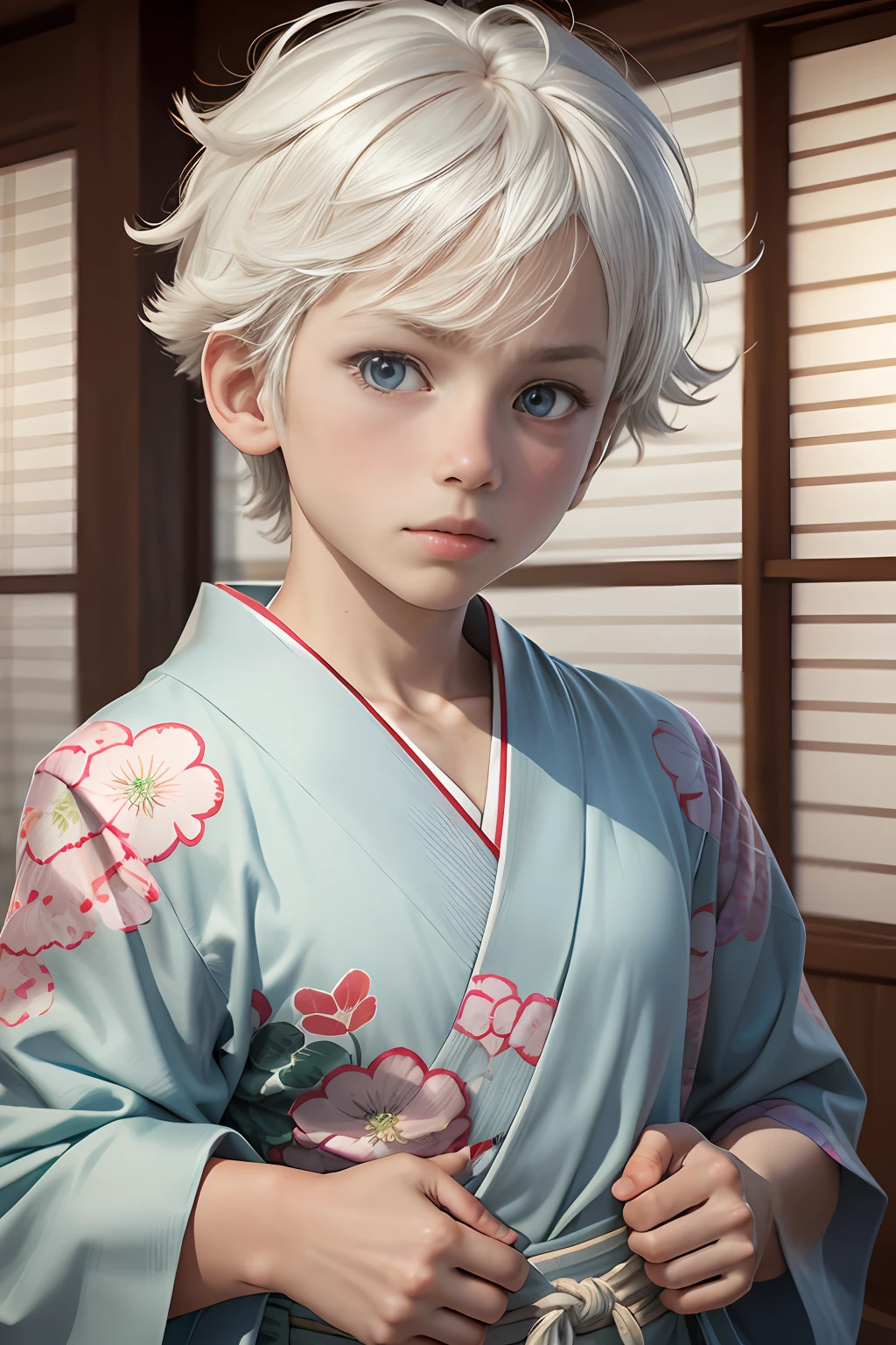 3d, 1 chico,  10 años, mirando al espectador, lindo, 8k, mejor defensa,pelo blanco, pelo de punta, ojos azul claro, casa estilo muji, yukata de estilo tradicional japonés