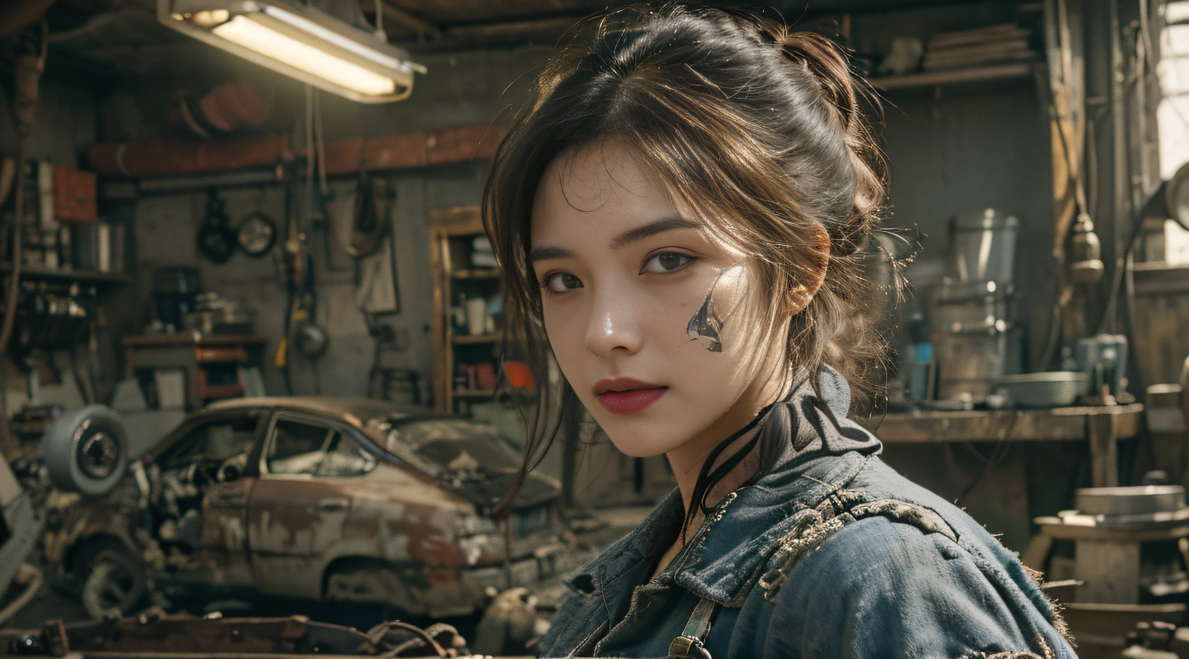 ((best quality)), ((masterpiece)), (detailed), mesmerizing and alluring female mechanic covered in grease,Confident smile，Look into the camera，(Dirty and rugged charm:1.2), (tough and confident demeanor:1.1), (mechanical expertise:1.3), disheveled hair, smudged face with a playful smirk, stained overalls clinging to her curves, (gritty tools of the trade:1.2), cluttered repair shop, scattered car parts, (authentic automotive ambiance:1.2), (intense gaze:1.1), gripping a wrench in her dirty hands, 8k resolution,looking at another, looking away,( tattoo:1.2), masterpiece, best quality,Photorealistic, ultra-high resolution, photographic light